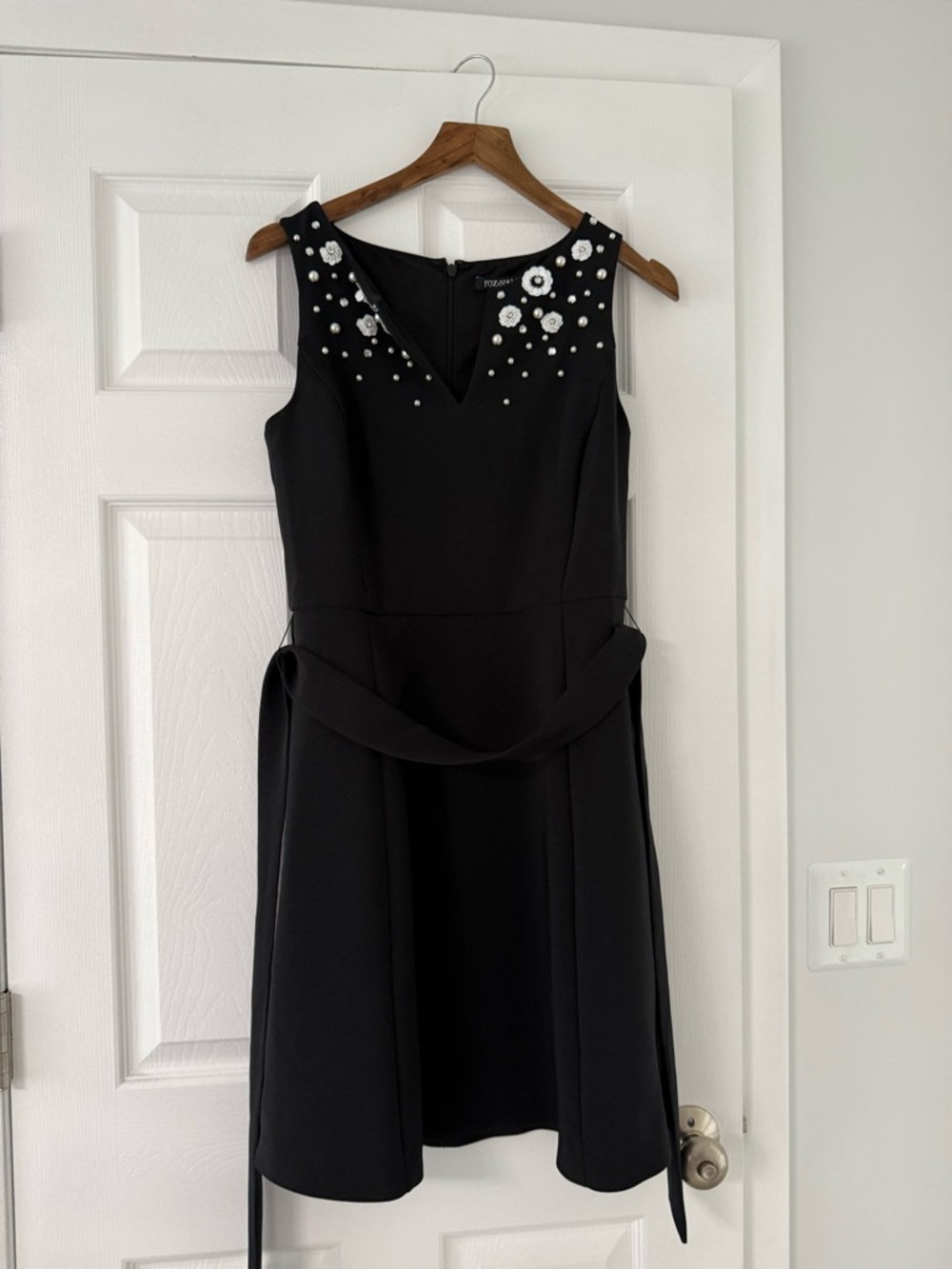 Roz & Ali Black Sleeveless Midi Dress with Pearl Floral Accents